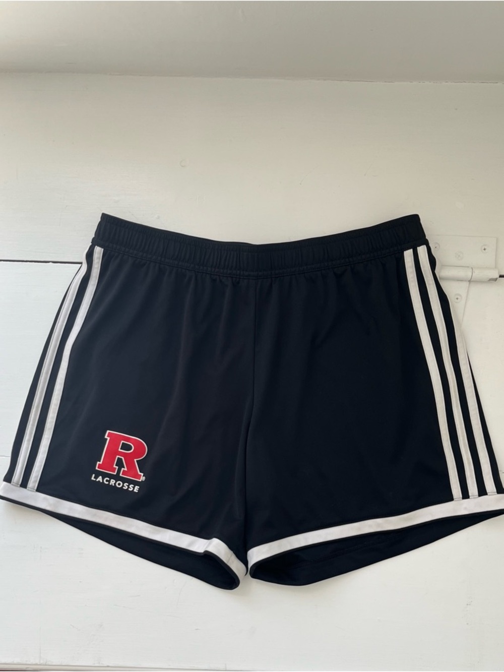 adidas Black Athletic Lacrosse Shorts with White Stripes and Red R Patch